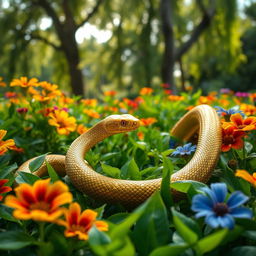 A stunning golden snake slithering gracefully through a lush green garden