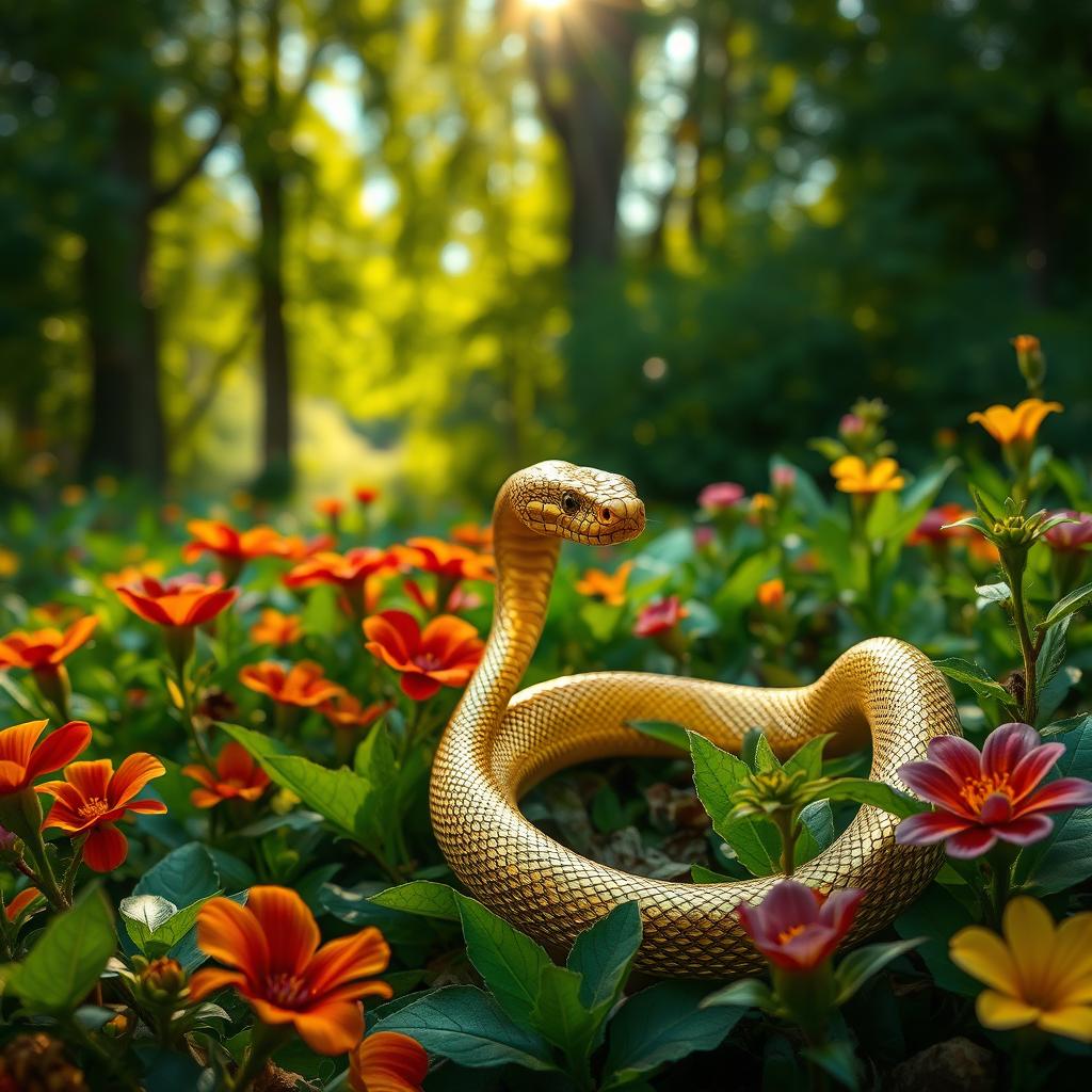 A stunning golden snake slithering gracefully through a lush green garden