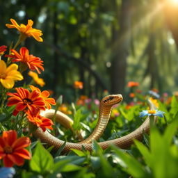 A stunning golden snake slithering gracefully through a lush green garden