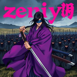 A dark fantasy anime cover titled "zeniyu" in vibrant pink letters, featuring a fierce samurai clad in a flowing violet kimono, holding a katana in his left hand