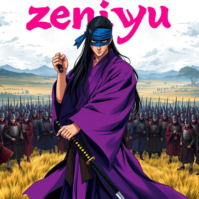 A dark fantasy anime cover titled "zeniyu" in vibrant pink letters, featuring a fierce samurai clad in a flowing violet kimono, holding a katana in his left hand