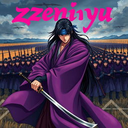 A dark fantasy anime cover titled "zeniyu" in vibrant pink letters, featuring a fierce samurai clad in a flowing violet kimono, holding a katana in his left hand