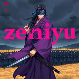 A dark fantasy anime cover titled "zeniyu" in vibrant pink letters, featuring a fierce samurai clad in a flowing violet kimono, holding a katana in his left hand