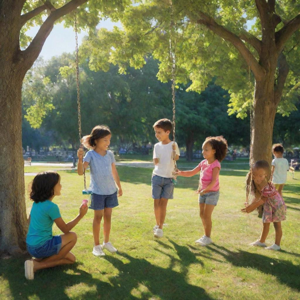 Expand the scene with children solving puzzles together, taking turns on swings, and cheerfully sharing toys under a sunny sky in a vibrant park. Ensure a sense of fairness and camaraderie pervades the image.