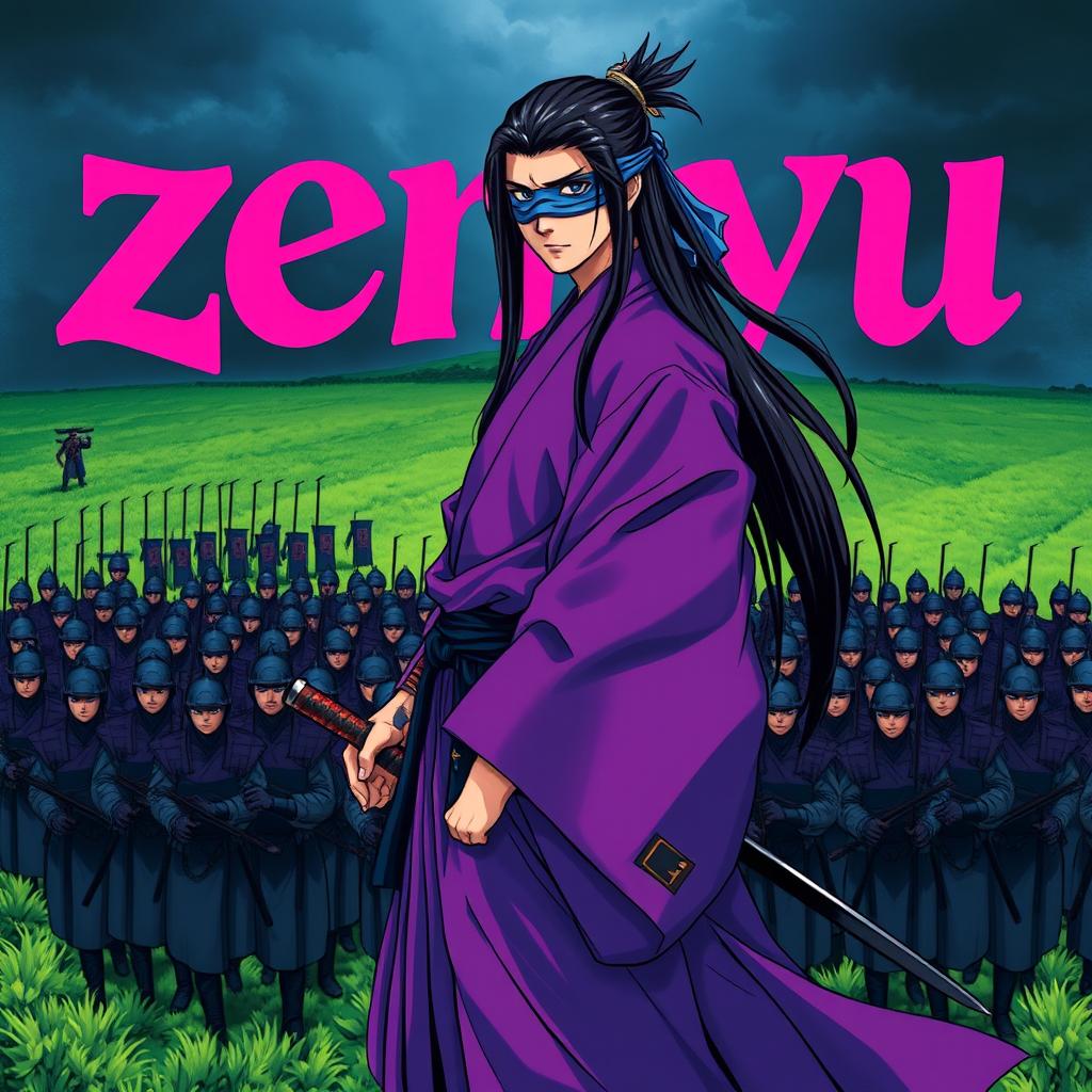 A dark fantasy anime cover titled "zeniyu" with vibrant pink lettering, featuring a formidable samurai dressed in a flowing violet kimono