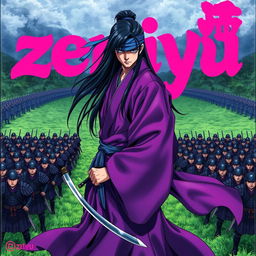 A dark fantasy anime cover titled "zeniyu" with vibrant pink lettering, featuring a formidable samurai dressed in a flowing violet kimono