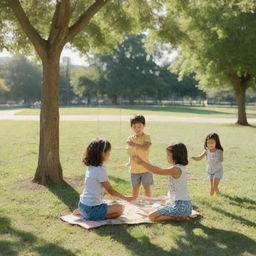 Expand the scene with children solving puzzles together, taking turns on swings, and cheerfully sharing toys under a sunny sky in a vibrant park. Ensure a sense of fairness and camaraderie pervades the image.