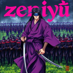 A dark fantasy anime cover titled "zeniyu" with vibrant pink lettering, featuring a formidable samurai dressed in a flowing violet kimono