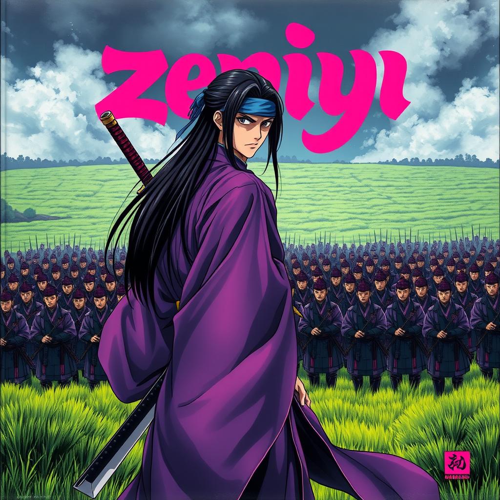 A dark fantasy anime cover titled "zeniyu" with vibrant pink lettering, featuring a formidable samurai dressed in a flowing violet kimono