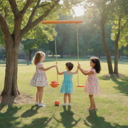 Expand the scene with children solving puzzles together, taking turns on swings, and cheerfully sharing toys under a sunny sky in a vibrant park. Ensure a sense of fairness and camaraderie pervades the image.