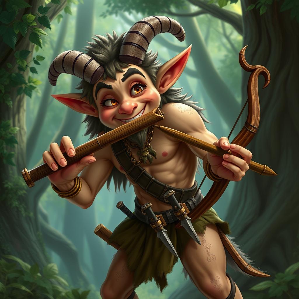 A mischievous satyr with a charming appearance, holding a pan flute