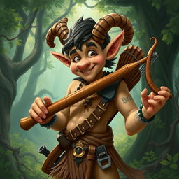 A mischievous satyr with a charming appearance, holding a pan flute