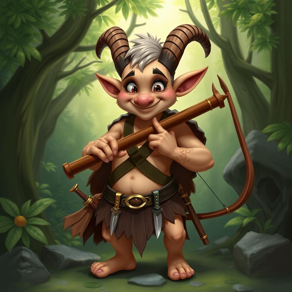 A mischievous satyr with a charming appearance, holding a pan flute