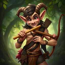 A mischievous satyr with a charming appearance, holding a pan flute