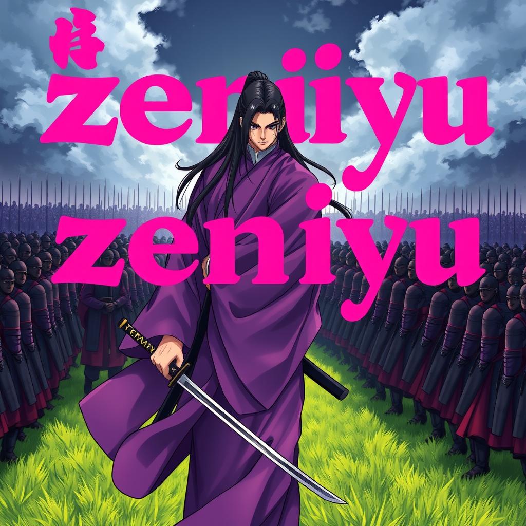 A dark fantasy anime cover titled "zeniyu" in vibrant pink letters, featuring a formidable samurai dressed in a flowing violet kimono