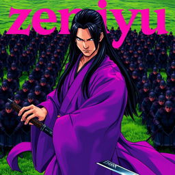 A dark fantasy anime cover titled "zeniyu" in vibrant pink letters, featuring a formidable samurai dressed in a flowing violet kimono