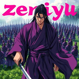 A dark fantasy anime cover titled "zeniyu" in vibrant pink letters, featuring a formidable samurai dressed in a flowing violet kimono