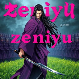 A dark fantasy anime cover titled "zeniyu" in vibrant pink letters, featuring a formidable samurai dressed in a flowing violet kimono