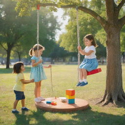 Expand the scene with children solving puzzles together, taking turns on swings, and cheerfully sharing toys under a sunny sky in a vibrant park. Ensure a sense of fairness and camaraderie pervades the image.