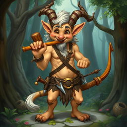 A mischievous satyr with a friendly and charming appearance, holding a pan flute