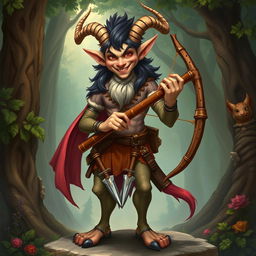 A mischievous satyr with a friendly and charming appearance, holding a pan flute