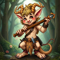 A mischievous satyr with a friendly and charming appearance, holding a pan flute