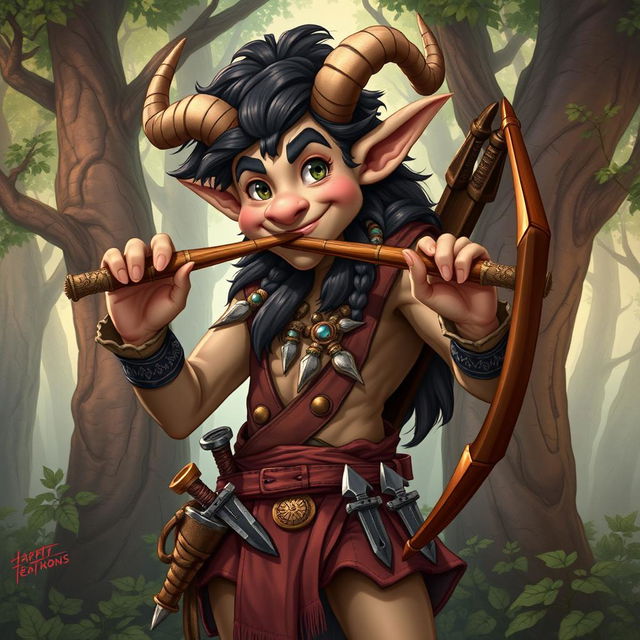 A mischievous satyr with a friendly and charming appearance, holding a pan flute