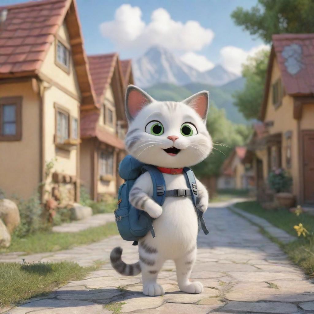 A cartoon cat equipped with a backpack and a map, excited for a grand adventure, is set against the picturesque background of cozy, cartoon-style houses.