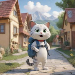 A cartoon cat equipped with a backpack and a map, excited for a grand adventure, is set against the picturesque background of cozy, cartoon-style houses.