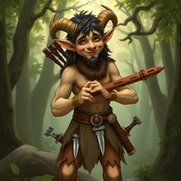 A mischievous satyr with a friendly appearance, holding a pan flute