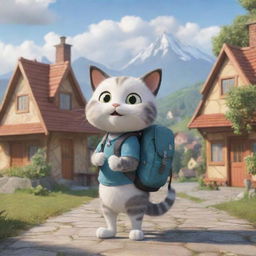 A cartoon cat equipped with a backpack and a map, excited for a grand adventure, is set against the picturesque background of cozy, cartoon-style houses.