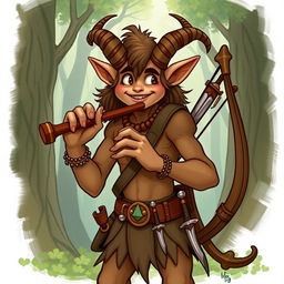 A mischievous satyr with a friendly appearance, holding a pan flute