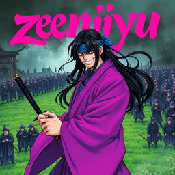 A dark fantasy anime cover titled "zeniyu" featuring vibrant pink lettering