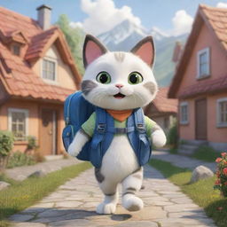 A cartoon cat equipped with a backpack and a map, excited for a grand adventure, is set against the picturesque background of cozy, cartoon-style houses.