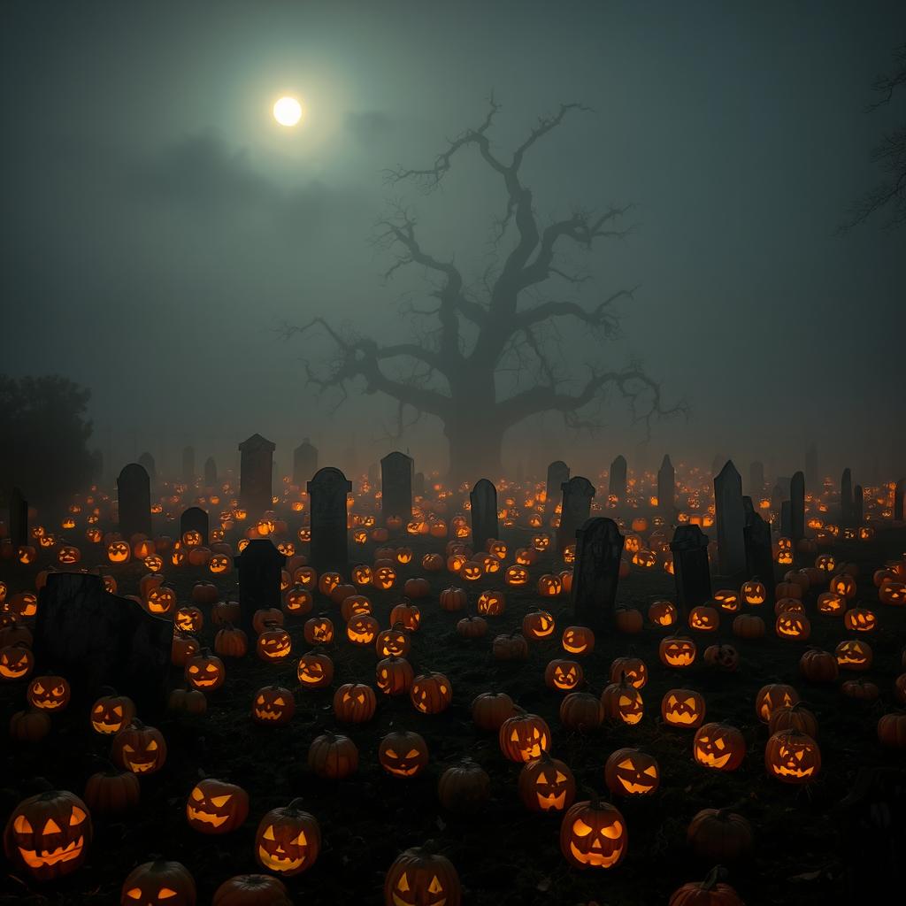 A foggy graveyard at night, shrouded in mist with an overcast sky