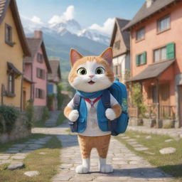 A cartoon cat equipped with a backpack and a map, excited for a grand adventure, is set against the picturesque background of cozy, cartoon-style houses.