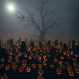 A foggy graveyard at night, shrouded in mist with an overcast sky