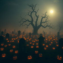 A foggy graveyard at night, shrouded in mist with an overcast sky