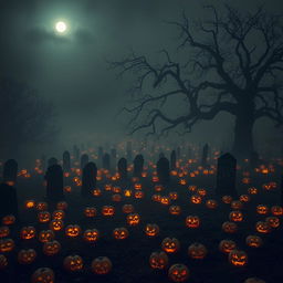 A foggy graveyard at night, shrouded in mist with an overcast sky