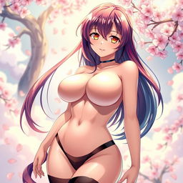 A captivating anime-style illustration featuring a voluptuous woman with voluptuous breasts, elegantly posed to showcase her curves