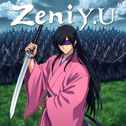 A dark fantasy anime cover titled "Zeniyu" featuring a samurai in a pink kimono, holding a katana in his left hand