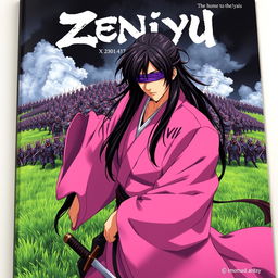 A dark fantasy anime cover titled "Zeniyu" featuring a samurai in a pink kimono, holding a katana in his left hand