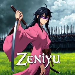 A dark fantasy anime cover titled "Zeniyu" featuring a samurai in a pink kimono, holding a katana in his left hand