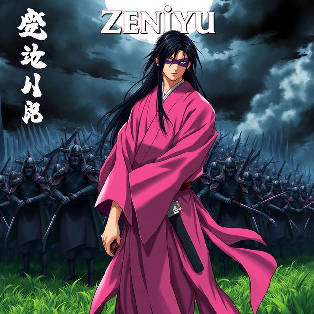 A dark fantasy anime cover titled "Zeniyu" featuring a samurai in a pink kimono, holding a katana in his left hand