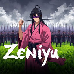 A dark fantasy anime cover titled "Zeniyu" featuring a samurai in a pink kimono, holding a katana in his left hand