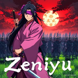 A dark fantasy anime cover titled "Zeniyu" featuring a samurai in a pink kimono, holding a katana in his left hand