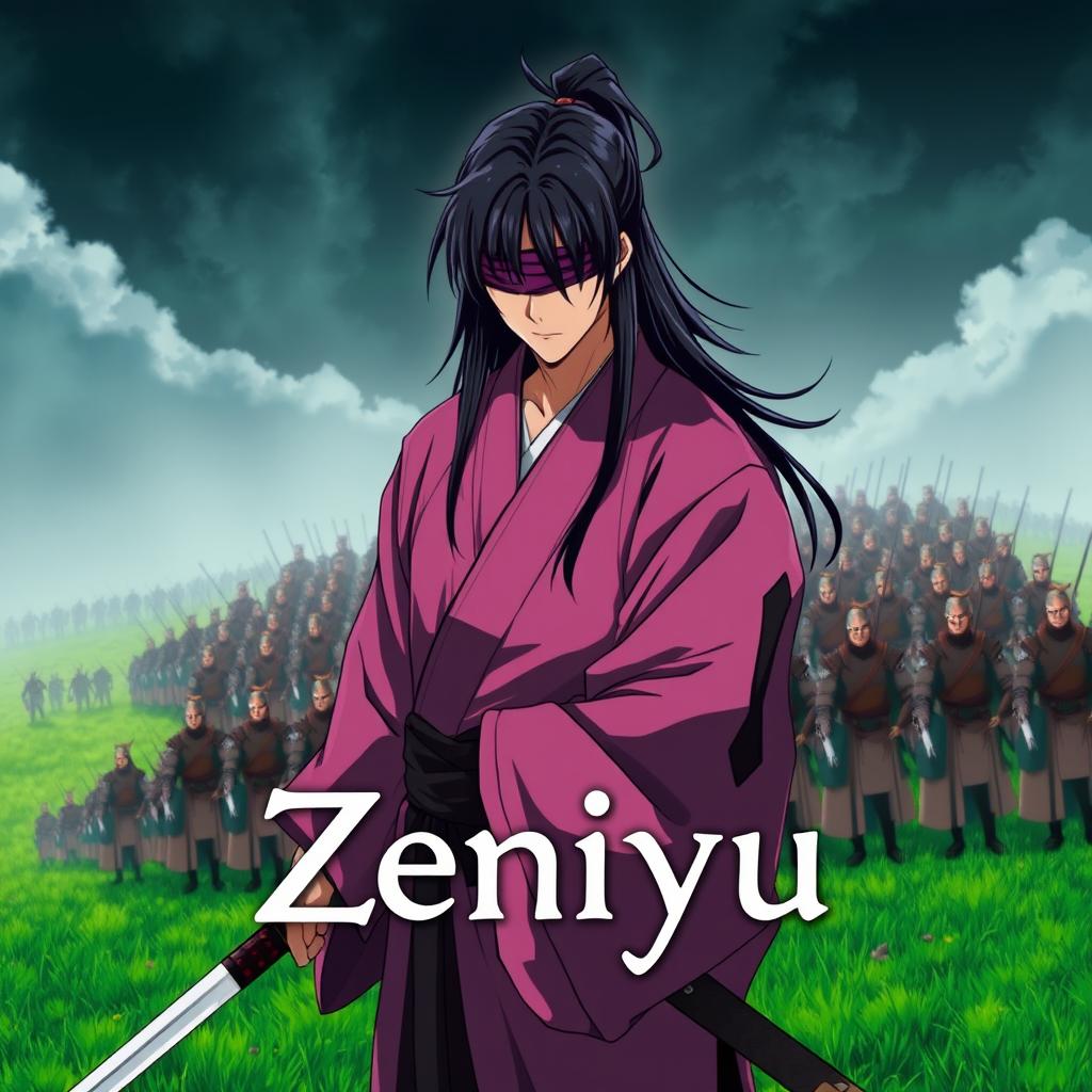 A dark fantasy anime cover titled "Zeniyu" featuring a samurai in a pink kimono, holding a katana in his left hand