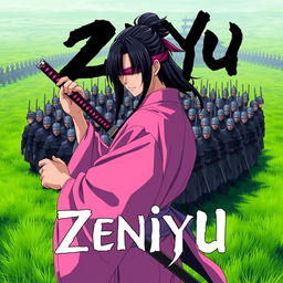 A dark fantasy anime cover titled "Zeniyu" featuring a samurai in a pink kimono, holding a katana in his left hand