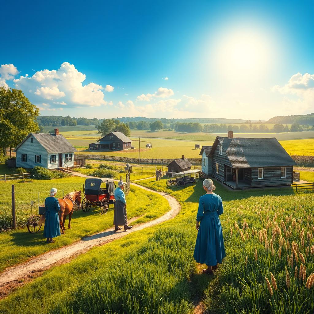 A captivating scene depicting Amish life, focusing on a peaceful rural setting with traditional Amish homes, horse-drawn buggies, and fields of crops