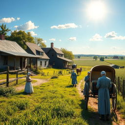 A captivating scene depicting Amish life, focusing on a peaceful rural setting with traditional Amish homes, horse-drawn buggies, and fields of crops